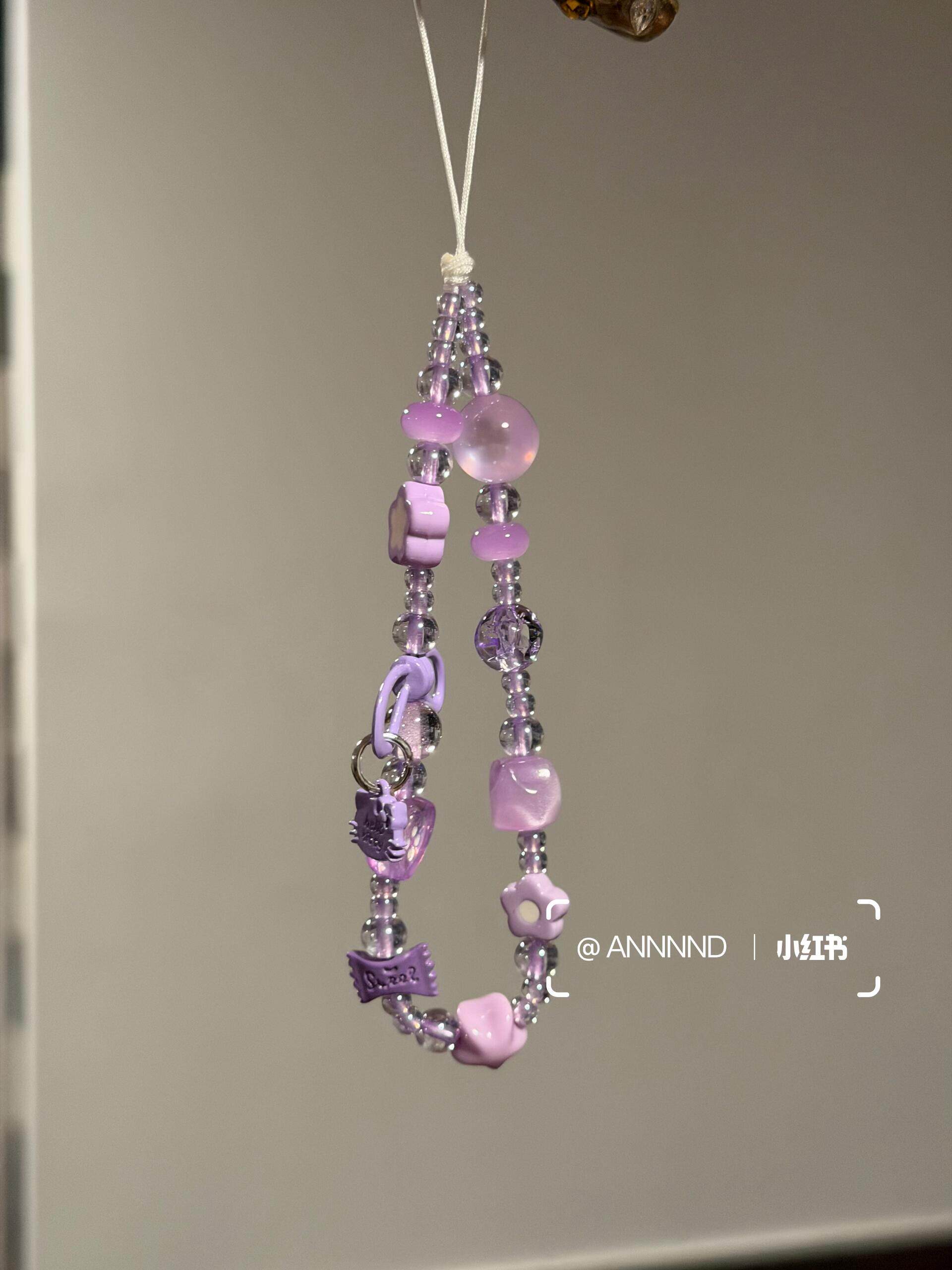 ins韩系手机链紫色系花朵闪珠渐变珠爱心配饰串珠手链ccd相机挂件