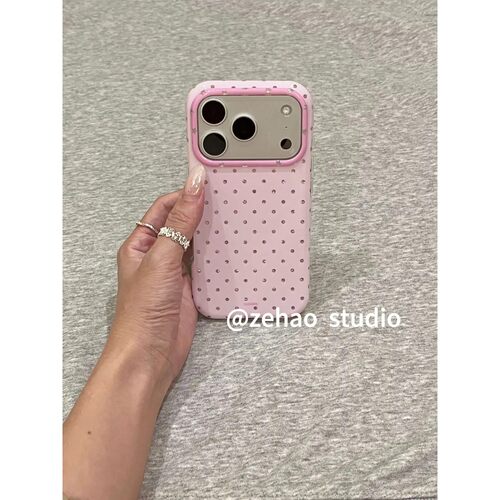 ins满屏粉色闪钻小波点适用苹果17p双层iphone16亮面15防摔手机壳17pro双层iphone16卡通iPhone17苹果15pro