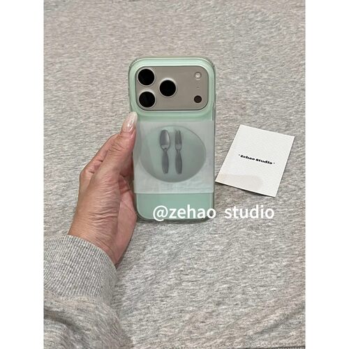 青苹果色系盘子刀叉适用苹果17pro双层iphone16磨砂15防摔手机壳17pro双层iphone16卡通iPhone17苹果15pro
