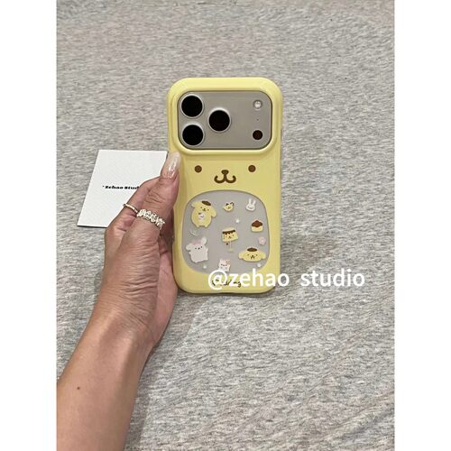 ins奶黄镂空软萌布丁狗适用苹果17p双层iphone16亮面15防摔手机壳17pro双层iphone16卡通iPhone17苹果15pro