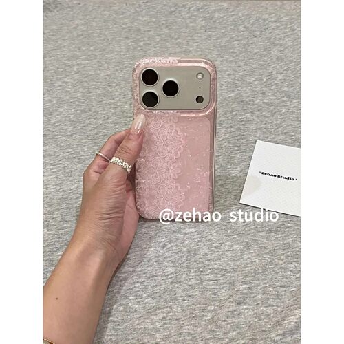 透粉贝壳纹蕾丝适用于苹果17promax双层iphone16亮面15可爱手机壳17pro双层iphone16卡通iPhone17苹果15pro