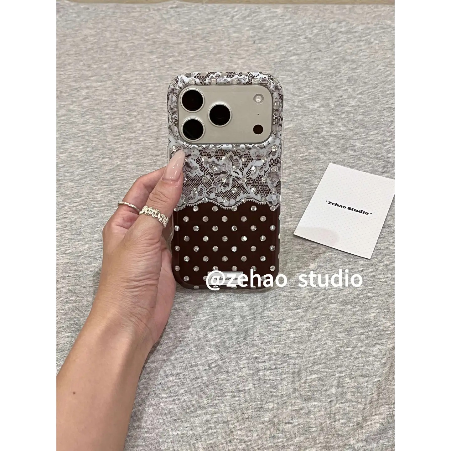 棕色拼接蕾丝闪钻波点简约ins手机壳17promax保护苹果17pro女iPhone16pro双层iphone16卡通iPhone17苹果15pro