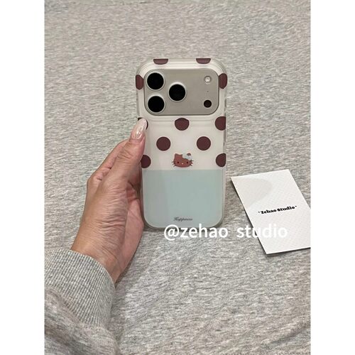 韩系白绿拼接波点猫咪适用苹果17p双层iphone16磨砂15防摔手机壳17pro双层iphone16卡通iPhone17苹果15pro