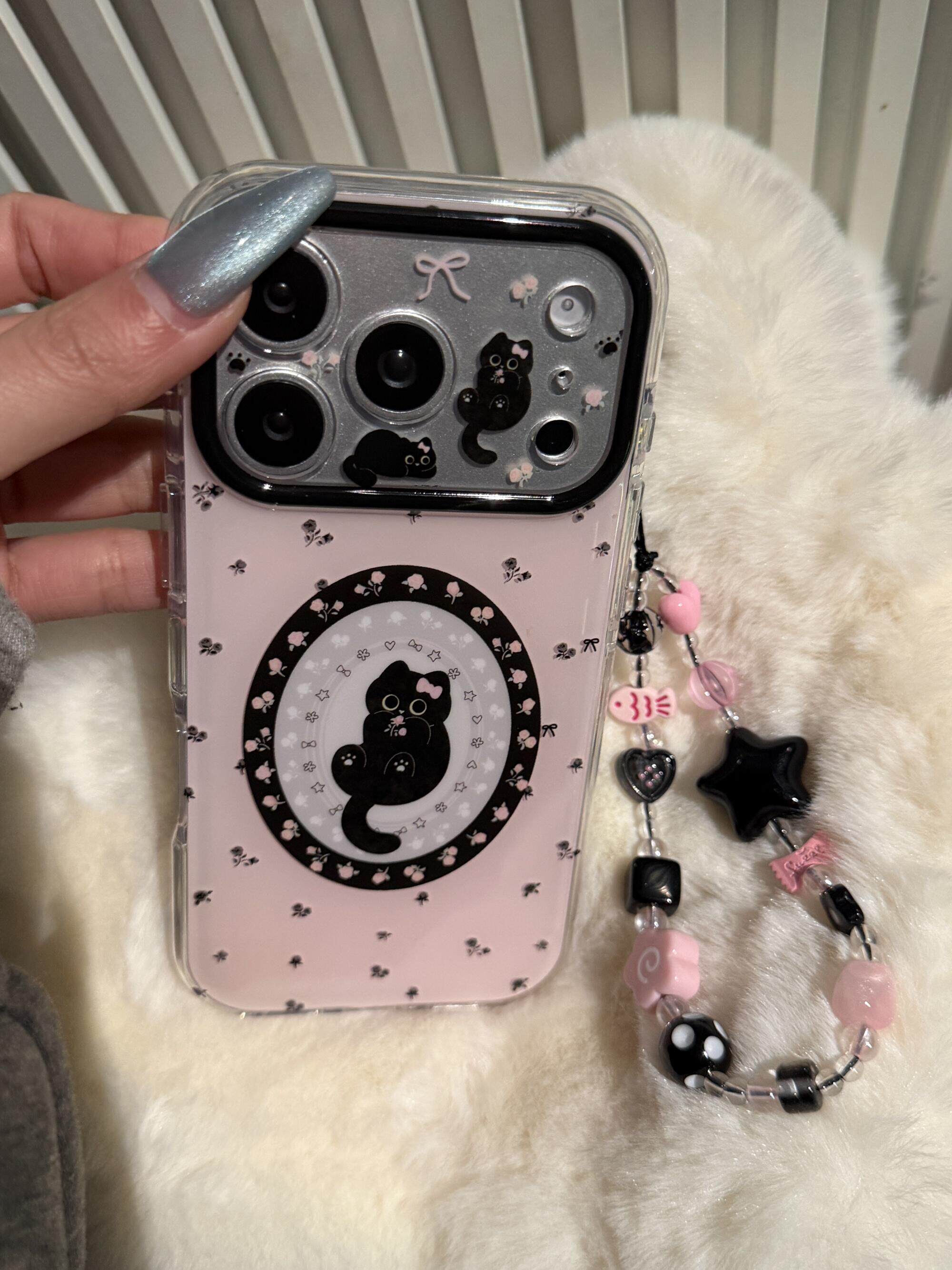 粉底黑色碎花圆圈猫咪韩系ins风18pro17pro手机壳18promax17promax保护iphone15女款16pro双层16卡通iPhone17
