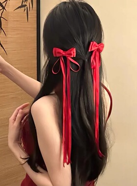 日系甜妹缎面红色蝴蝶结发夹女超长飘带氛围边夹日常百搭侧边发饰