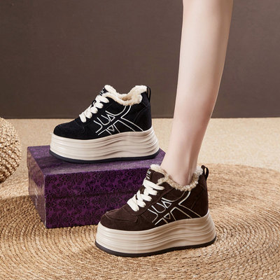 震地王厚底板鞋女2025冬季新款加绒加厚保暖棉鞋毛毛鞋10cm内增高
