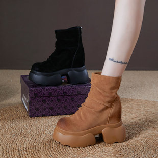 震地王高跟12cm单靴女2025秋季 真皮百搭小个子厚底内增高马丁靴潮