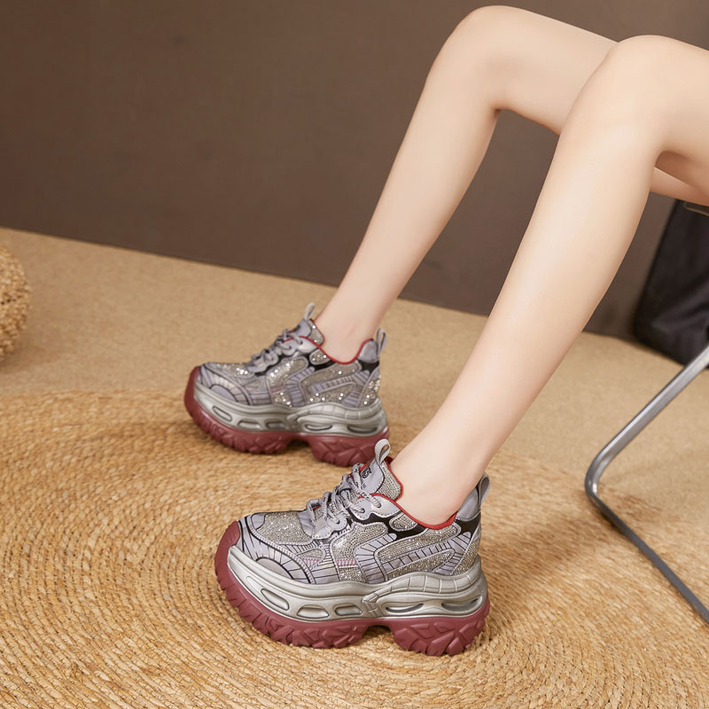 欧货小个子内增高老爹鞋女2025秋季新款时尚水钻厚底10CM运动鞋潮