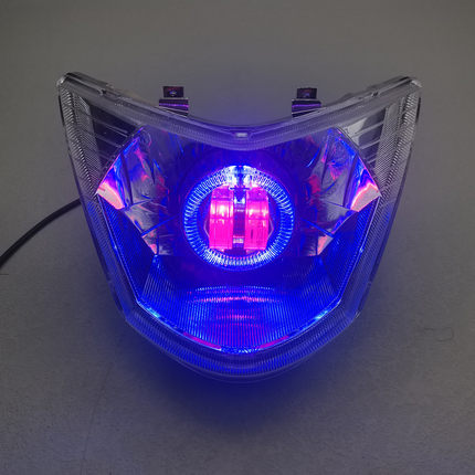 包邮12V摩托车改装GY6鬼火一代大灯LED白灯天使眼爆闪前大灯总成