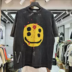 Trendy Summer New Arrivals Vintage High-Quality Smiley Face Print Short-Sleeve Washed and Distressed American High Street Fashion Brand T-Shirt