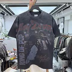 European and American High Street Rapper Letter Print T-Shirt for Men and Women, Vintage Loose Hip-Hop Retro Distressed Short-Sleeve Trendy
