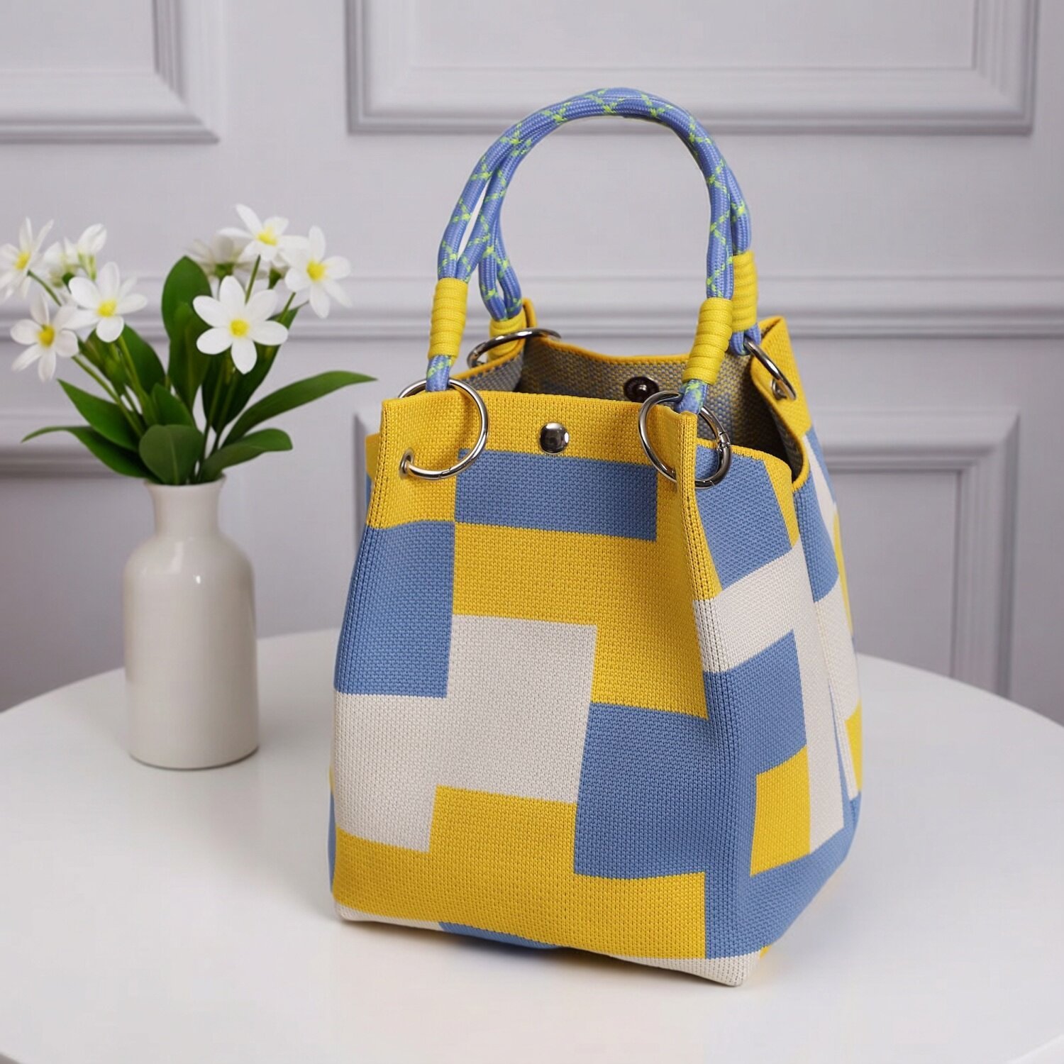 撞色针织手提包女大容量便携通勤小方包马卡龙色手拎包