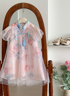 女童旗袍夏季新款儿童中国风改良汉服飞袖网纱连衣裙薄款外贸