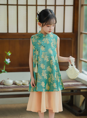 2025款洋气改良真丝缎旗袍夏季新中式汉服中国风女童连衣裙