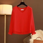 女2023年春夏新款 长袖 纯色大码 时尚 上衣 宽松打底洋气小衫 雪纺衬衫