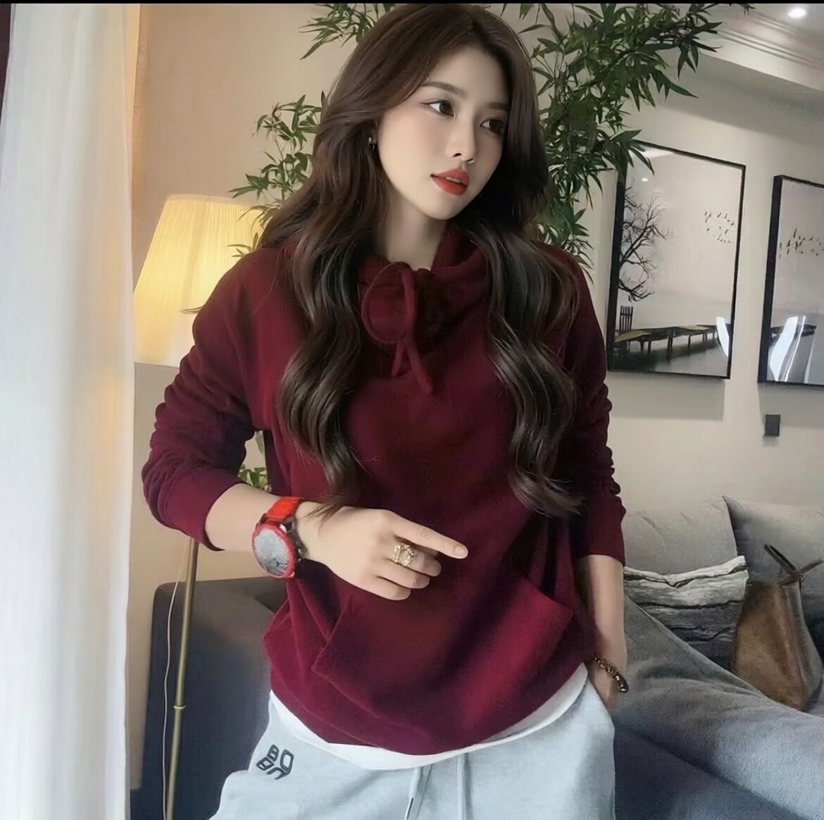 德绒抽绳连帽卫衣女温婉气质