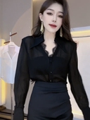 气质显瘦V领雪纺上衣 时尚 东大门蕾丝边微透衬衫 女2024年春夏新款