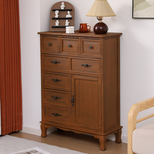 复古实木收纳柜客厅靠墙储物柜五斗柜中古风边柜置物柜卧室斗柜