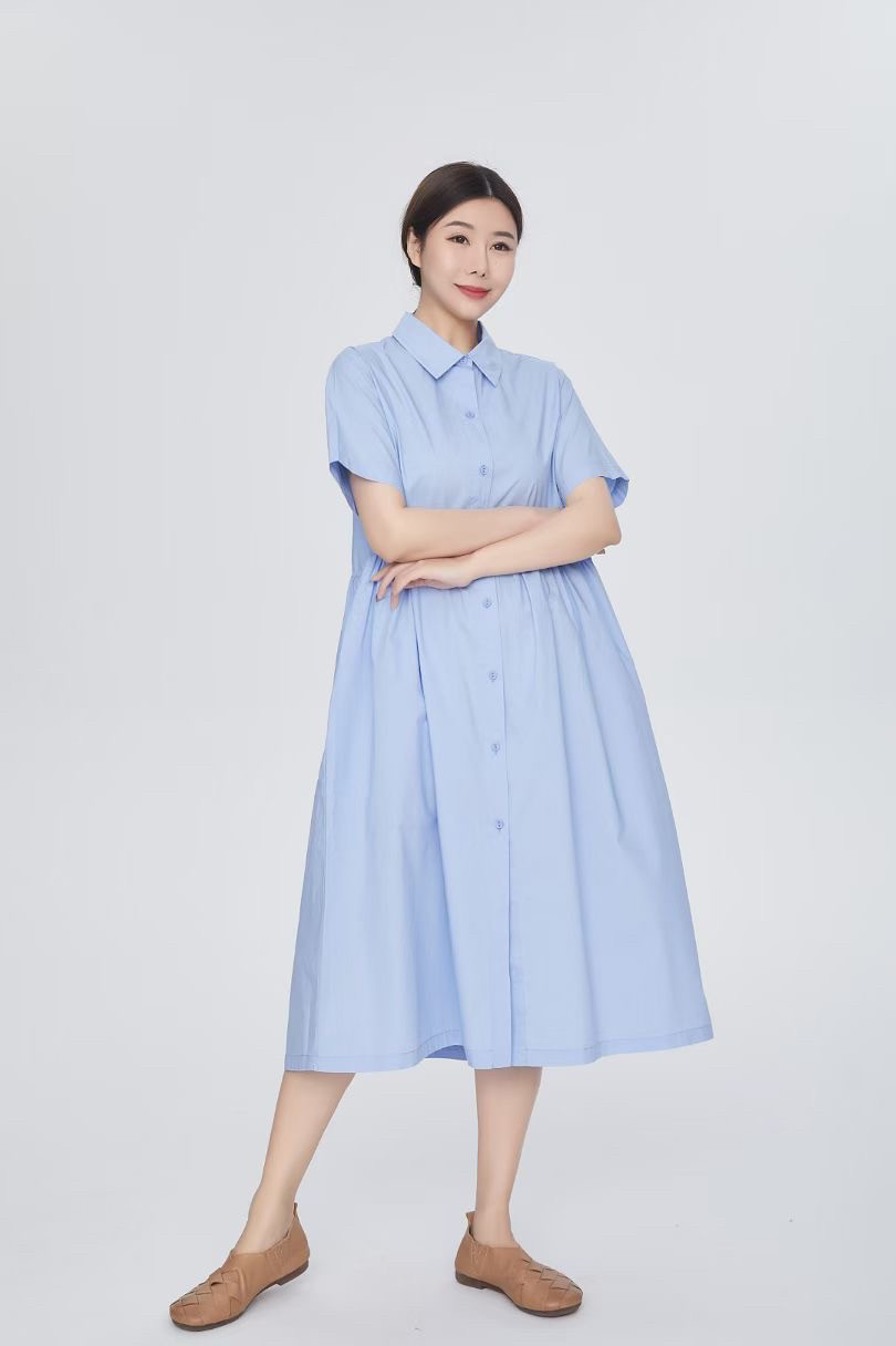 紫布语2025夏季新款甜美减龄开衫单排扣纯棉女短袖连衣裙3505