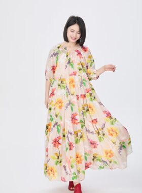 设计师原创26年夏新款时尚休闲百搭圆领印花中袖苎麻连衣裙女3602