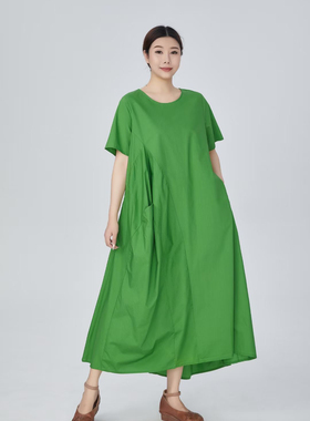 ZBY原创2025夏季新款时尚百搭宽松A字大码圆领棉短袖连衣裙女3552