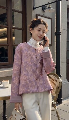  设计师原创新款新中式时尚宽松百搭法绣提花短开衫棉外套女3865