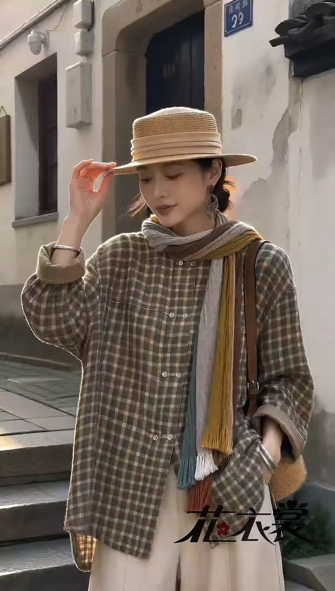 文艺棉麻格子衬衫女春秋宽松圆领长袖上衣复古休闲大码显瘦衬衣
