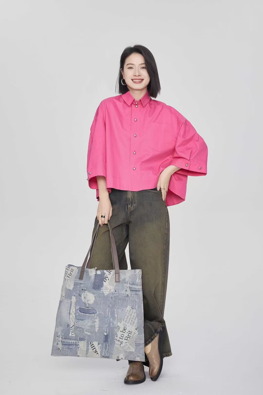 ZBY专柜品牌2025秋季新款时尚百搭宽松大码女款七分袖棉衬衫上衣