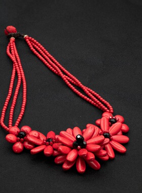 中式国风红色吉祥花项链高品质本命年时尚饰品精致手工毛衣链