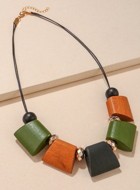 木质斧头形吊坠项链女式几何复古串珠项链新款流行饰品配饰