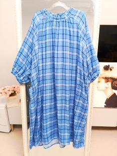 外贸大码女装日式双层纱森女宽松显瘦中长款格子连衣裙子胸围140