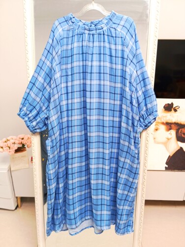 外贸大码女装日式双层纱森女宽松显瘦中长款格子连衣裙子胸围140