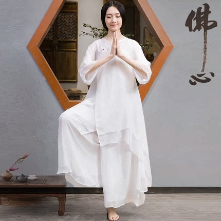 春夏季轻薄女佛系居士服白色仙气中国风飘逸禅舞禅意茶服素衣套装