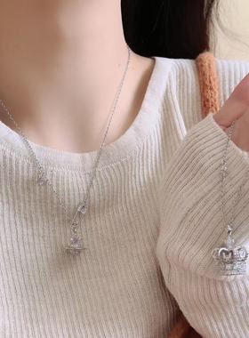 超闪微镶锆石皇冠土星吊坠项链女小众高级感精致时尚轻奢锁骨链