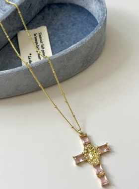 甜美少女金色粉水晶十字架吊坠项链女超仙精致轻奢百搭锁骨链颈链