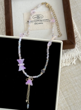 紫色铃兰花流苏碎石串珠项链女小众设计感清新甜美夏日百搭锁骨链
