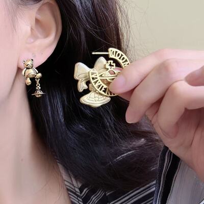 复古做旧金色蝴蝶结小熊土星耳环女小众设计百搭时尚通勤耳钉耳饰