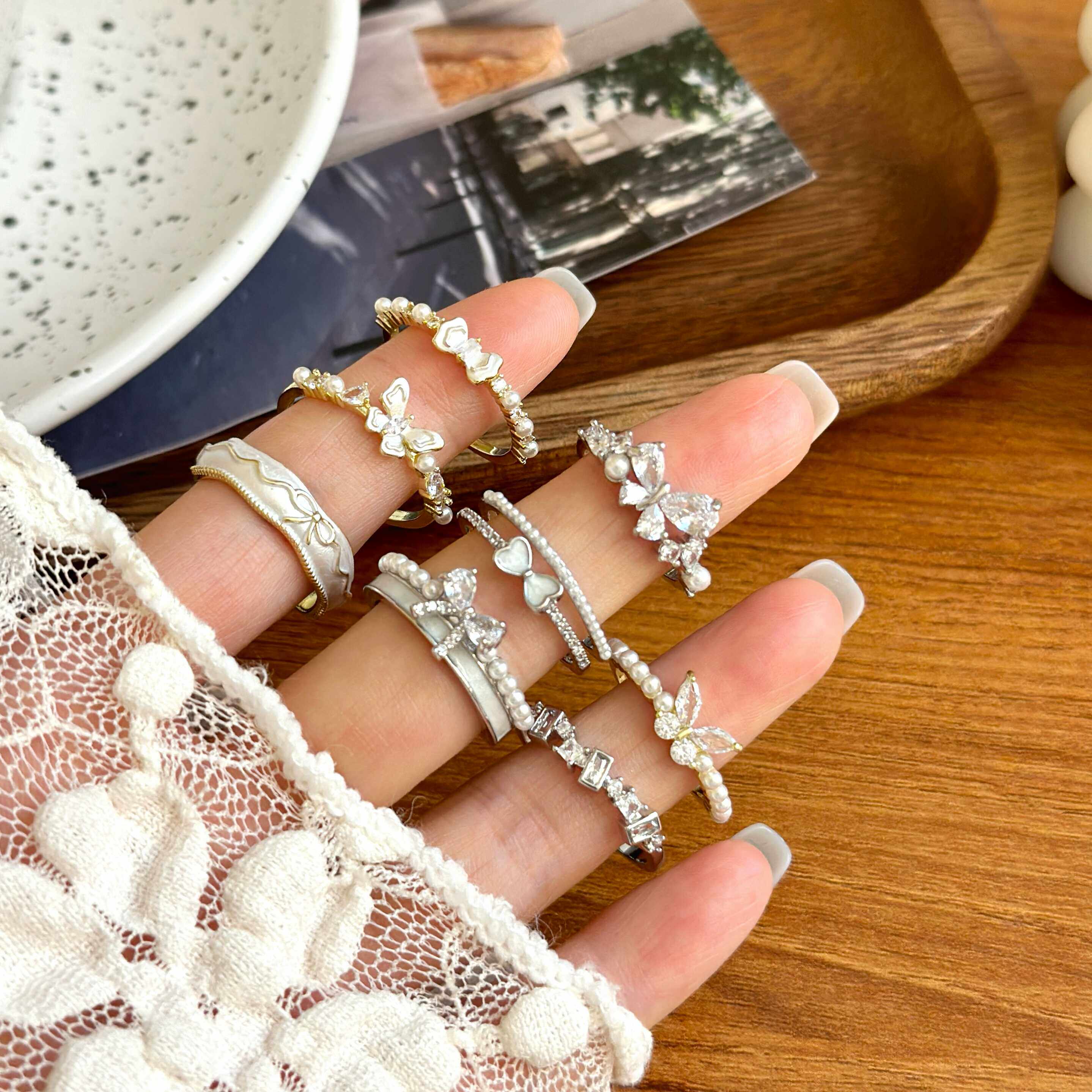 超仙甜美气质高级感珍珠滴油蝴蝶戒指双层锆石蝴蝶结可调节食指戒