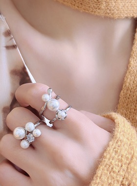 日韩新款珍珠戒指女小众精致时尚简约甜美百搭可调节食指戒指环