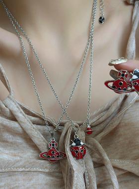 红色滴釉土星七星瓢虫吊坠项链耳钉女个性时尚小众百搭耳环锁骨链