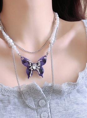 超仙优雅蓝紫色蝴蝶吊坠多层珍珠项链女小众甜美淑女气质锁骨链