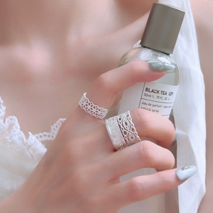 韩版镂空银色蕾丝十字架戒指女小众甜美显白气质可调节食指戒指环