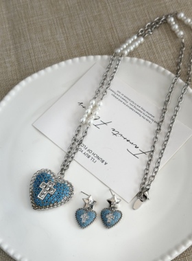 蓝松石爱心锆石十字架吊坠长款项链耳钉女甜酷少女轻奢锁骨链耳饰