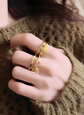 时尚轻奢十字鸢尾花串珠戒指女精致小巧时尚百搭开口可调节食指戒