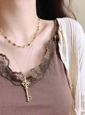 金色虎眼石钥匙爱心双层叠戴项链女小众时尚轻奢高级感毛衣链颈链