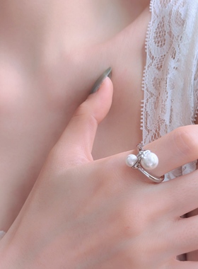 法式气质复古大小珍珠开口轻奢戒指女小众设计高级感可调节指环