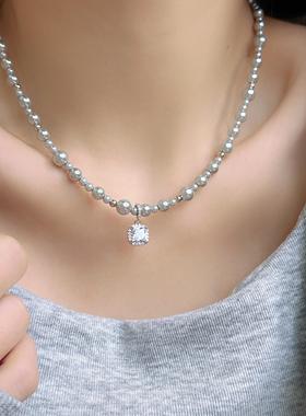 HF方糖吊坠灰色真多麻仿珍珠正圆高亮温柔高级感百搭项链锁骨链女