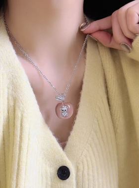 粉色樱桃风味微镶小熊吊坠项链女精致小巧灵动温柔气质百搭锁骨链