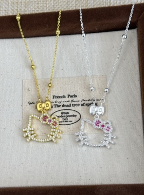 超闪满锆镂空hellokitty小猫蝴蝶结吊坠项链女小众甜美可爱锁骨链