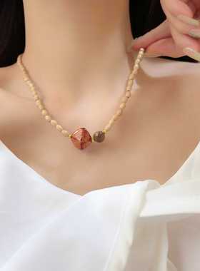 棕色手工立体方块虎眼石串珠木质